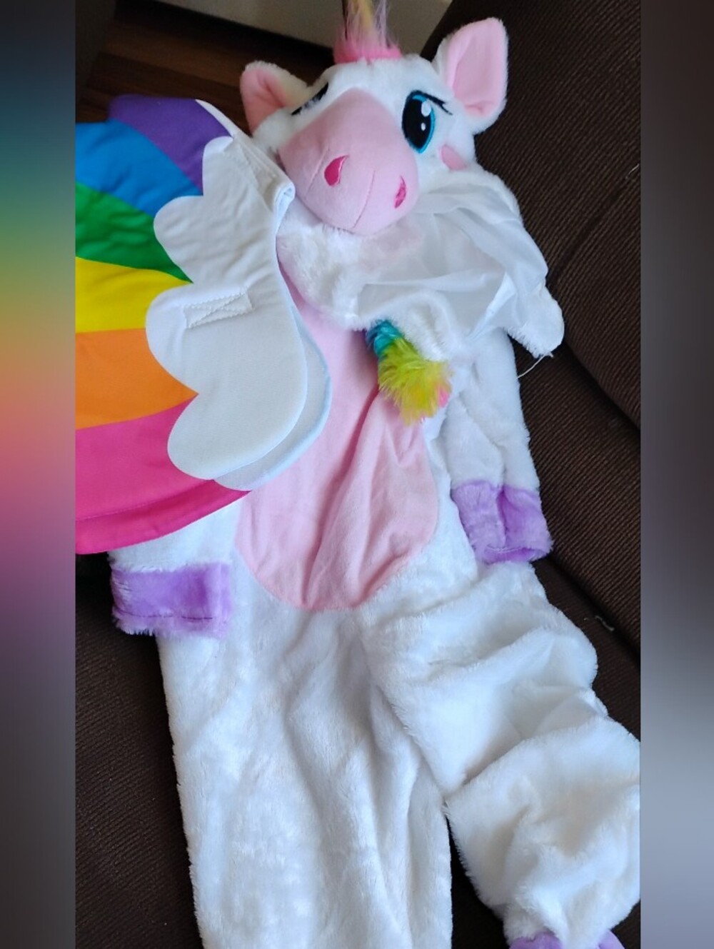 Toddler Plush White Unicorn Costume with Rainbow Wings, Mane & Tail